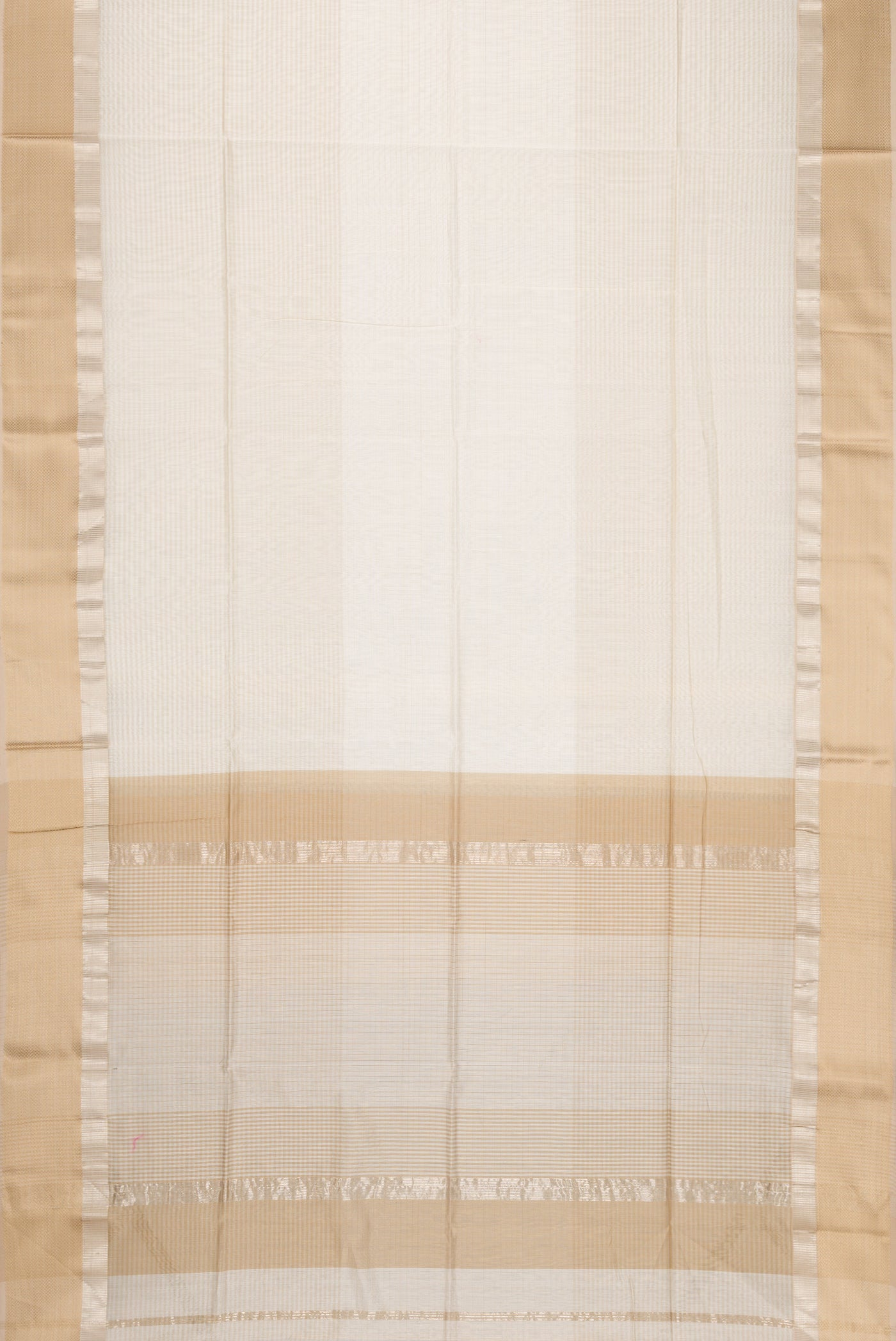 Flat view of Off White Dual Tone Maheshwari Silk Cotton Saree with Stripes on the body and Zari Border. 