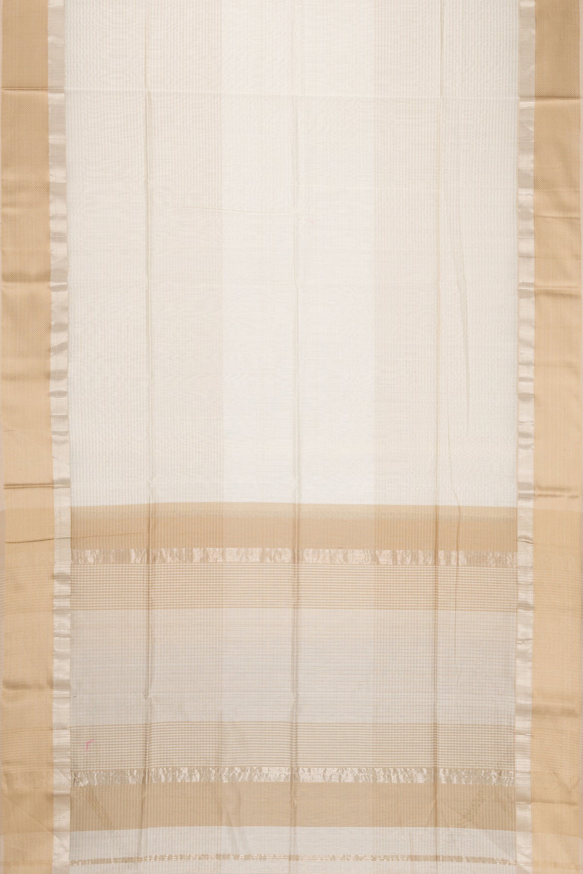 Flat view of Off White Dual Tone Maheshwari Silk Cotton Saree with Stripes on the body and Zari Border. 