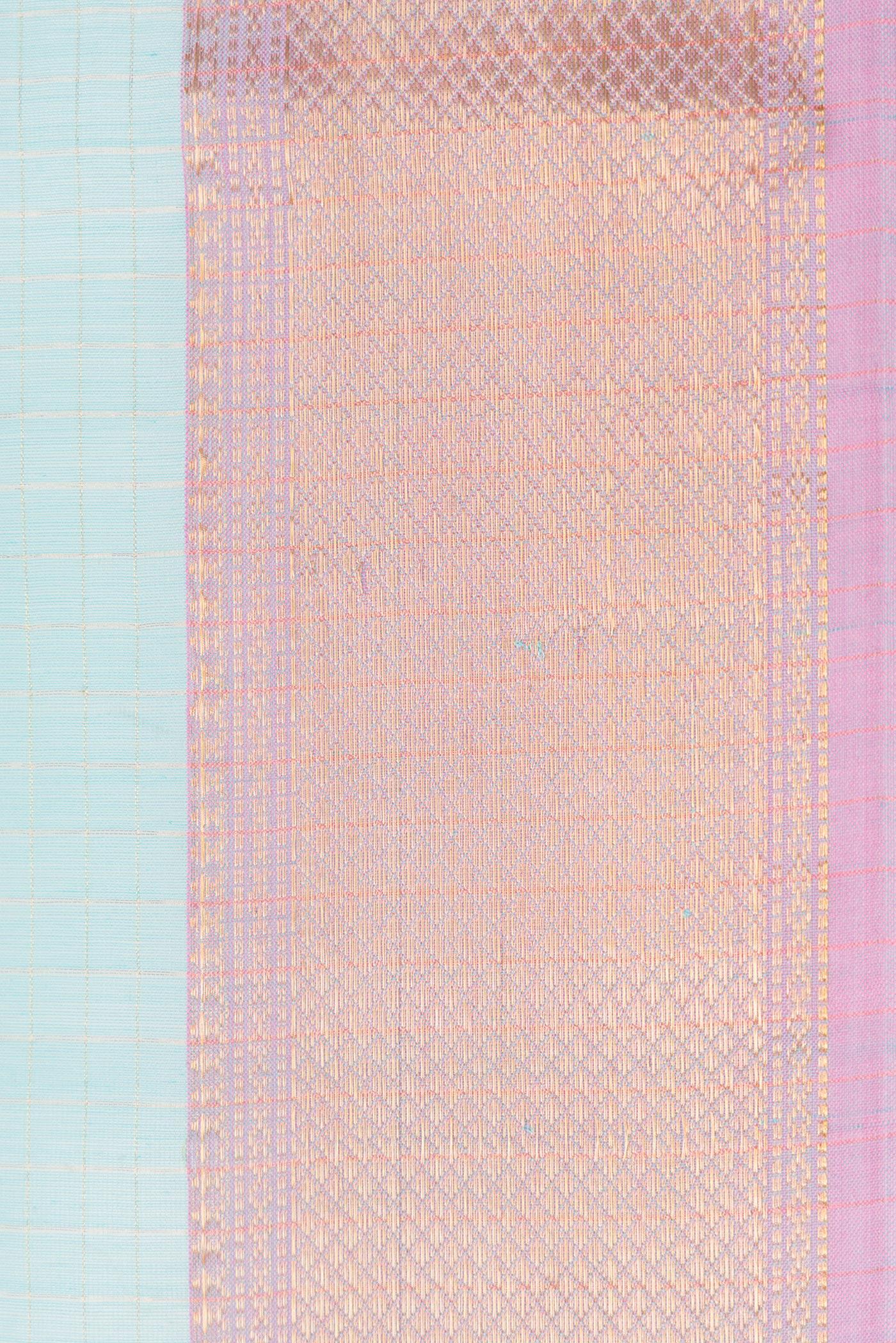 Border image of Sky Blue Dual Tone Maheshwari Silk Saree with Checked design on the body and Zari Border. 