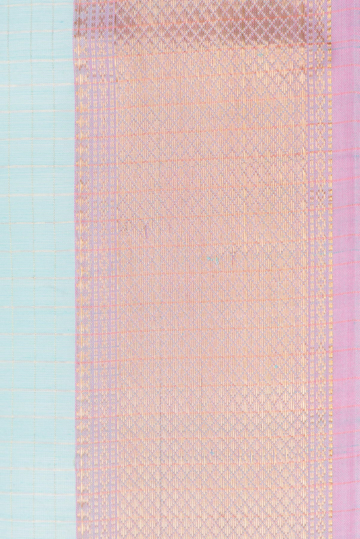 Border image of Sky Blue Dual Tone Maheshwari Silk Saree with Checked design on the body and Zari Border. 
