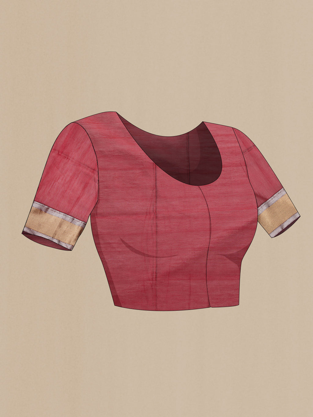 Close up image of the blouse of Maroon Dual Tone Maheshwari Silk Saree with Zari Butta on the body and Zari Border. 