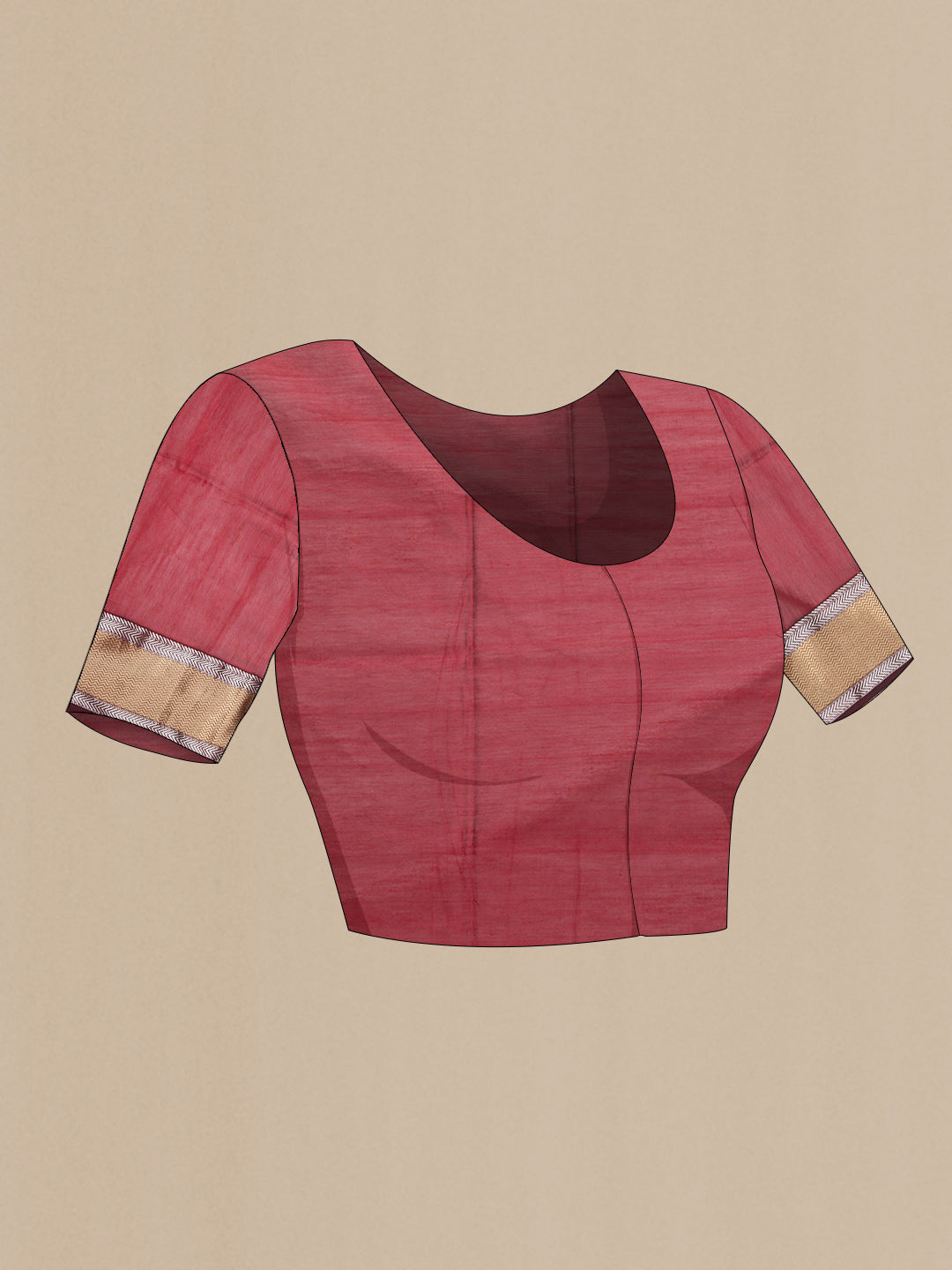 Close up image of the blouse of Maroon Dual Tone Maheshwari Silk Saree with Zari Butta on the body and Zari Border. 