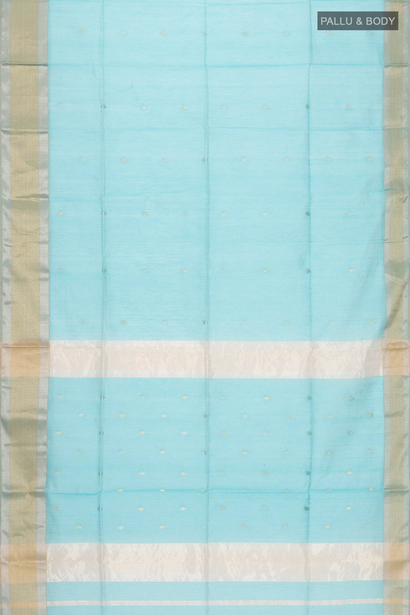 Flat view of Blue Maheshwari Silk Cotton Saree with Zari Butta on the body and Zari Border