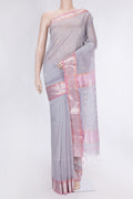 Grey Dual Tone Maheshwari Silk Saree with Zari Butta on the body and Zari Border.  displayed on a mannequin