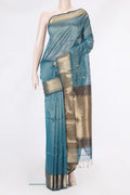 Peacock Blue Dual Tone Maheshwari Silk Cotton Saree with Stripes on the body and Zari Border.  displayed on a mannequin