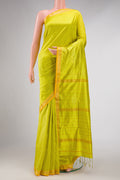 Green Dual Tone Maheshwari Silk Saree with Stripes on the body and Zari Border displayed on a mannequin