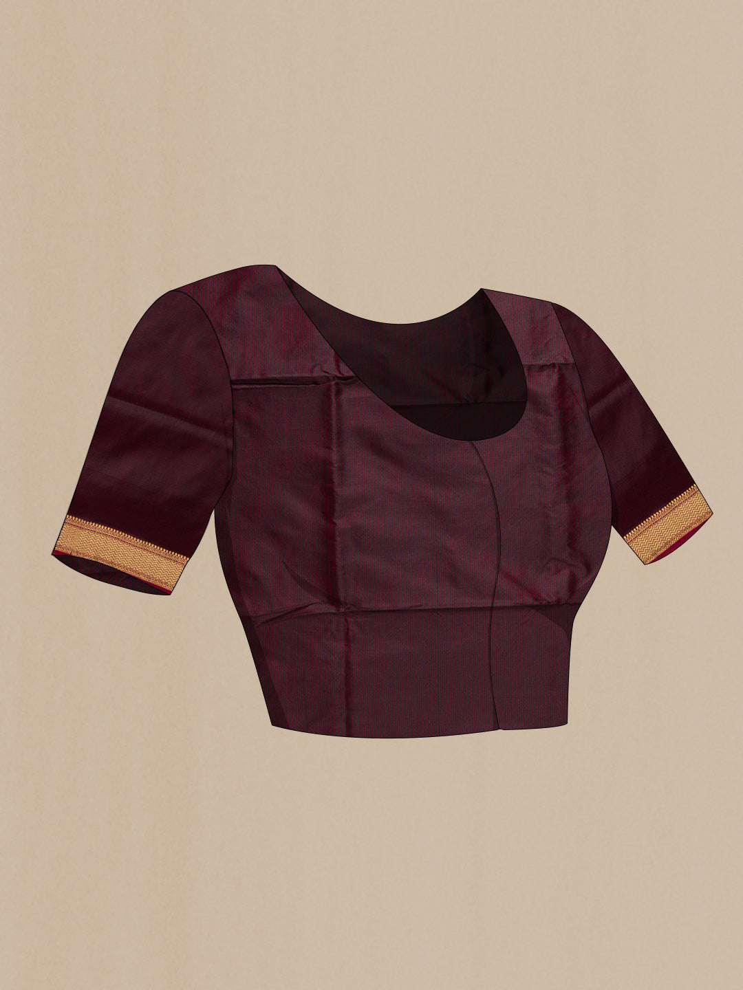 Close up image of the blouse of Brown Dual Tone Maheshwari Silk Saree with Stripes on the body and Zari Border
