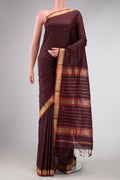 Brown Dual Tone Maheshwari Silk Saree with Stripes on the body and Zari Border displayed on a mannequin