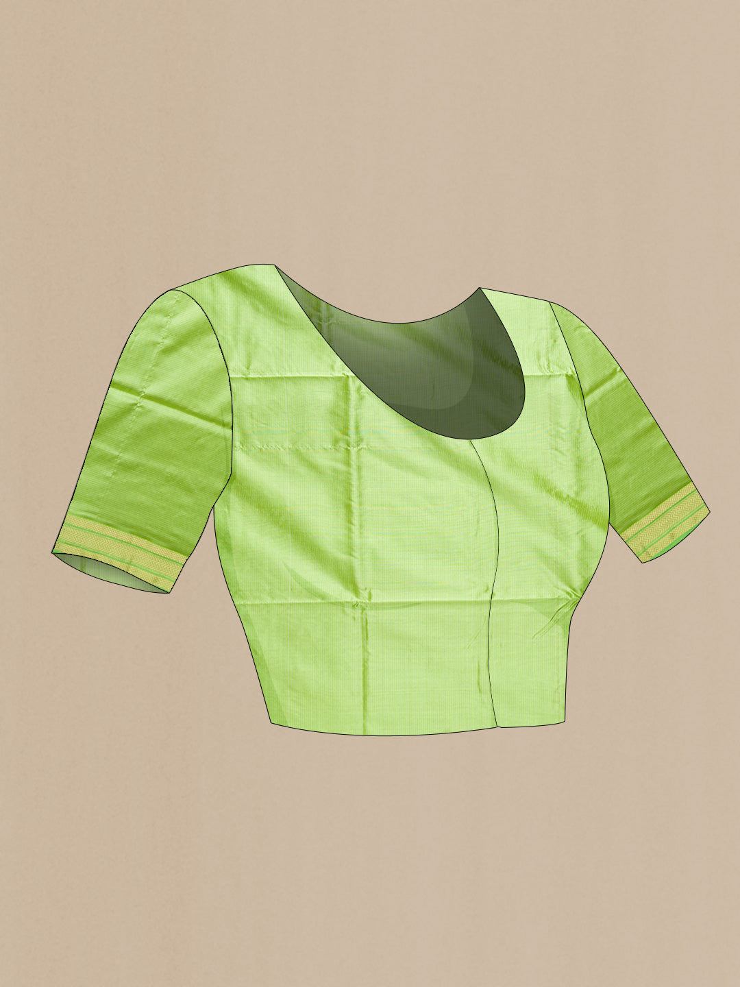 Close up image of the blouse of Parrot Green Dual Tone Maheshwari Silk Saree with Stripes on the body and Zari Border