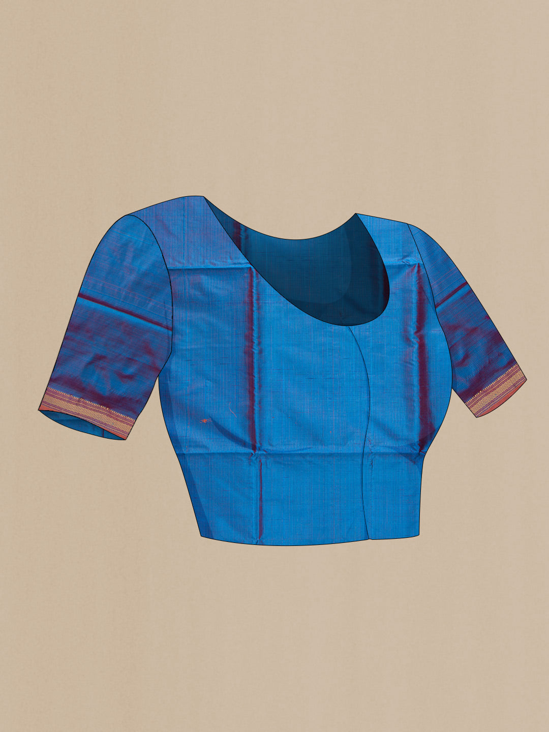 Close up image of the blouse of Blue Dual Tone Maheshwari Silk Saree with Stripes on the body and Zari Border
