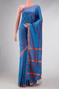 Blue Dual Tone Maheshwari Silk Saree with Stripes on the body and Zari Border displayed on a mannequin