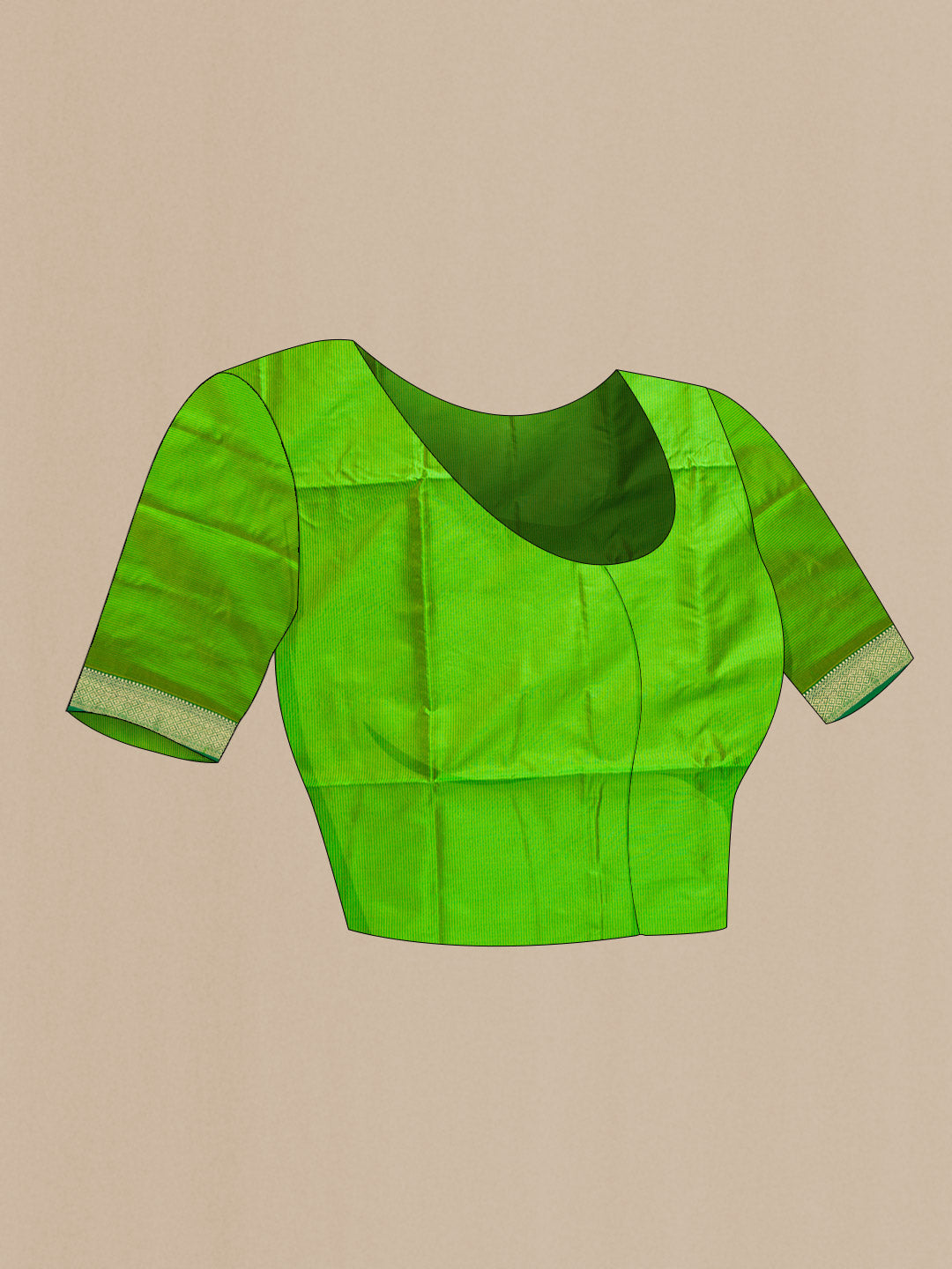Close up image of the blouse of Parrot Green Dual Tone Maheshwari Silk Saree with Stripes on the body and Zari Border