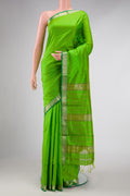 Parrot Green Dual Tone Maheshwari Silk Saree with Stripes on the body and Zari Border displayed on a mannequin