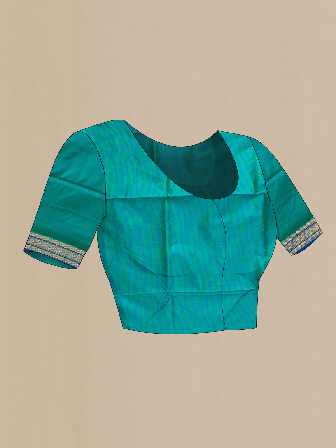 Close up image of the blouse of Green Dual Tone Maheshwari Silk Saree with Stripes on the body and Zari Border