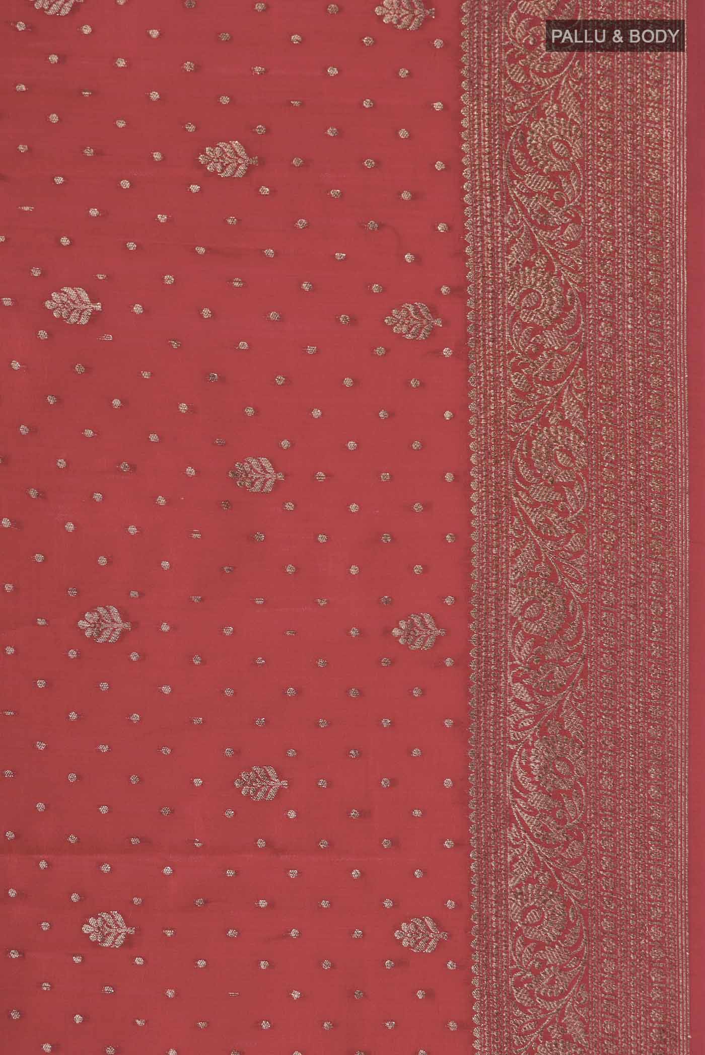 Border image of Red Raw Silk Saree with Zari Butta on the body and Zari Border