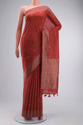 Red Raw Silk Saree with Zari Butta on the body and Zari Border displayed on a mannequin