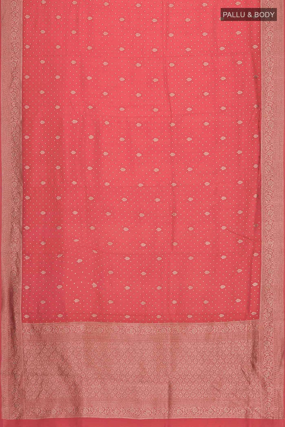 Flat view of Red Raw Silk Saree with Zari Butta on the body and Zari Border