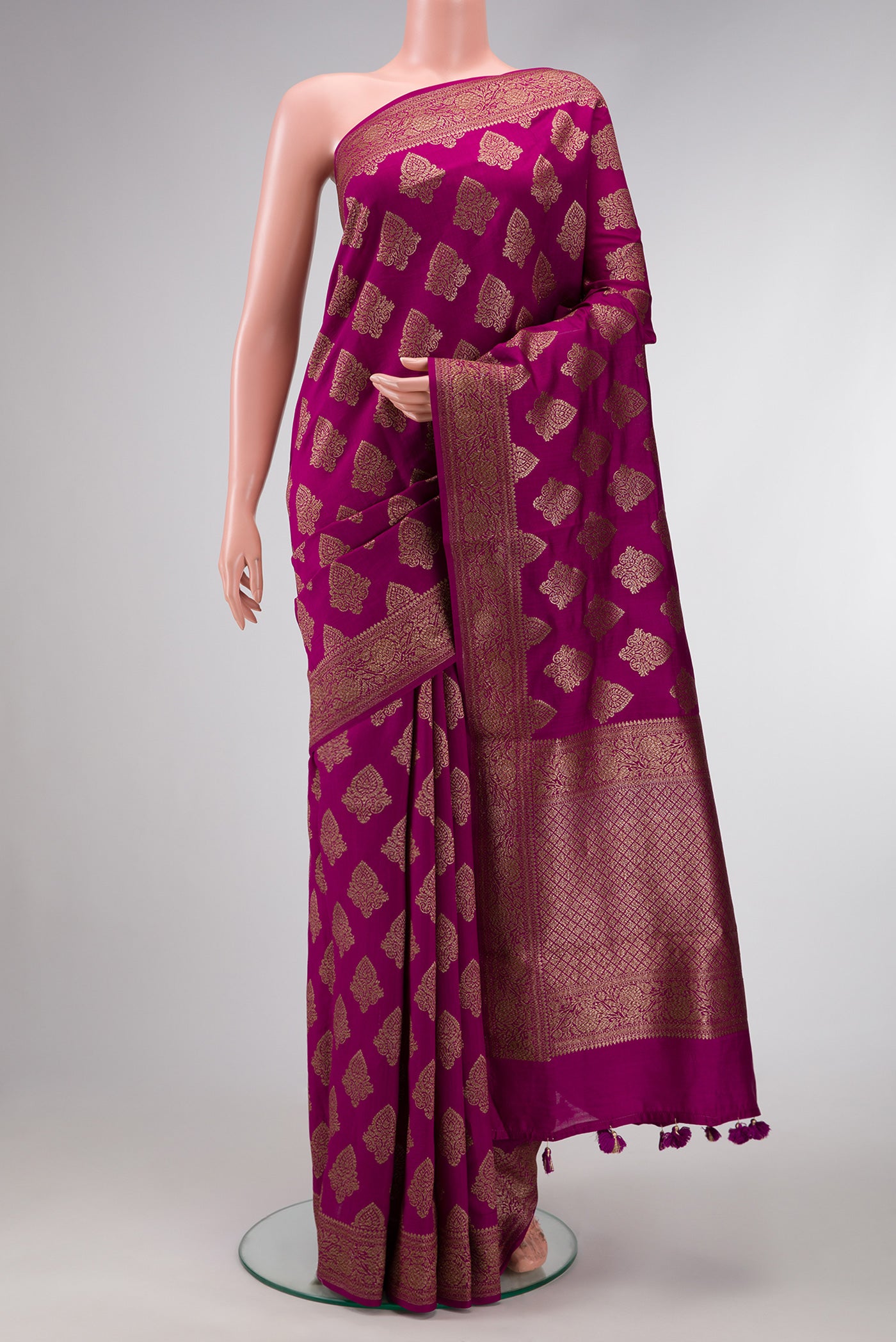 Purple Dual Tone Tussar Silk Saree with Zari Brocade on the body and Zari Border.  displayed on a mannequin