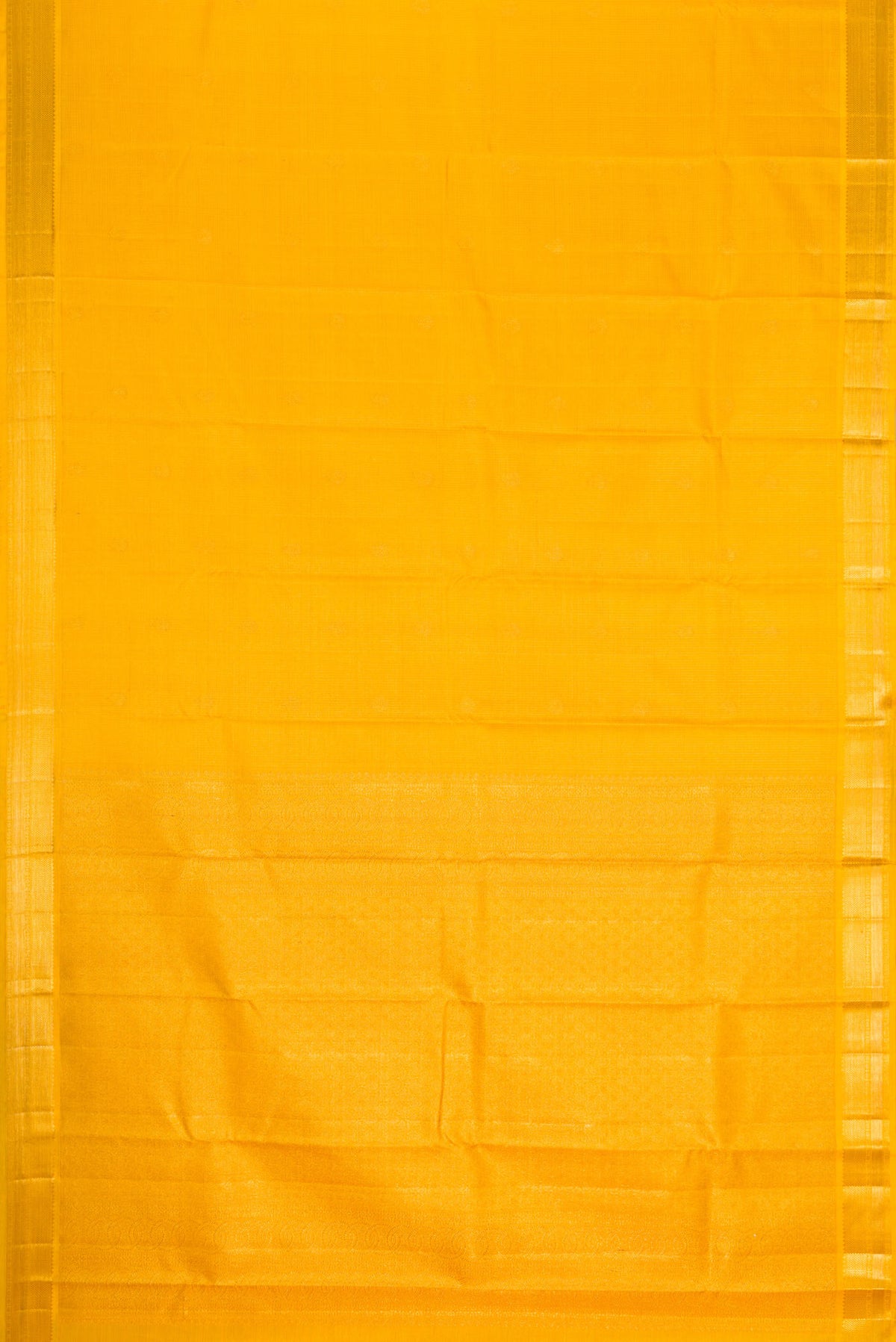 Flat view of Yellow Dual Tone Kanchipuram Silk Saree with Zari Butta on the body and Zari Border