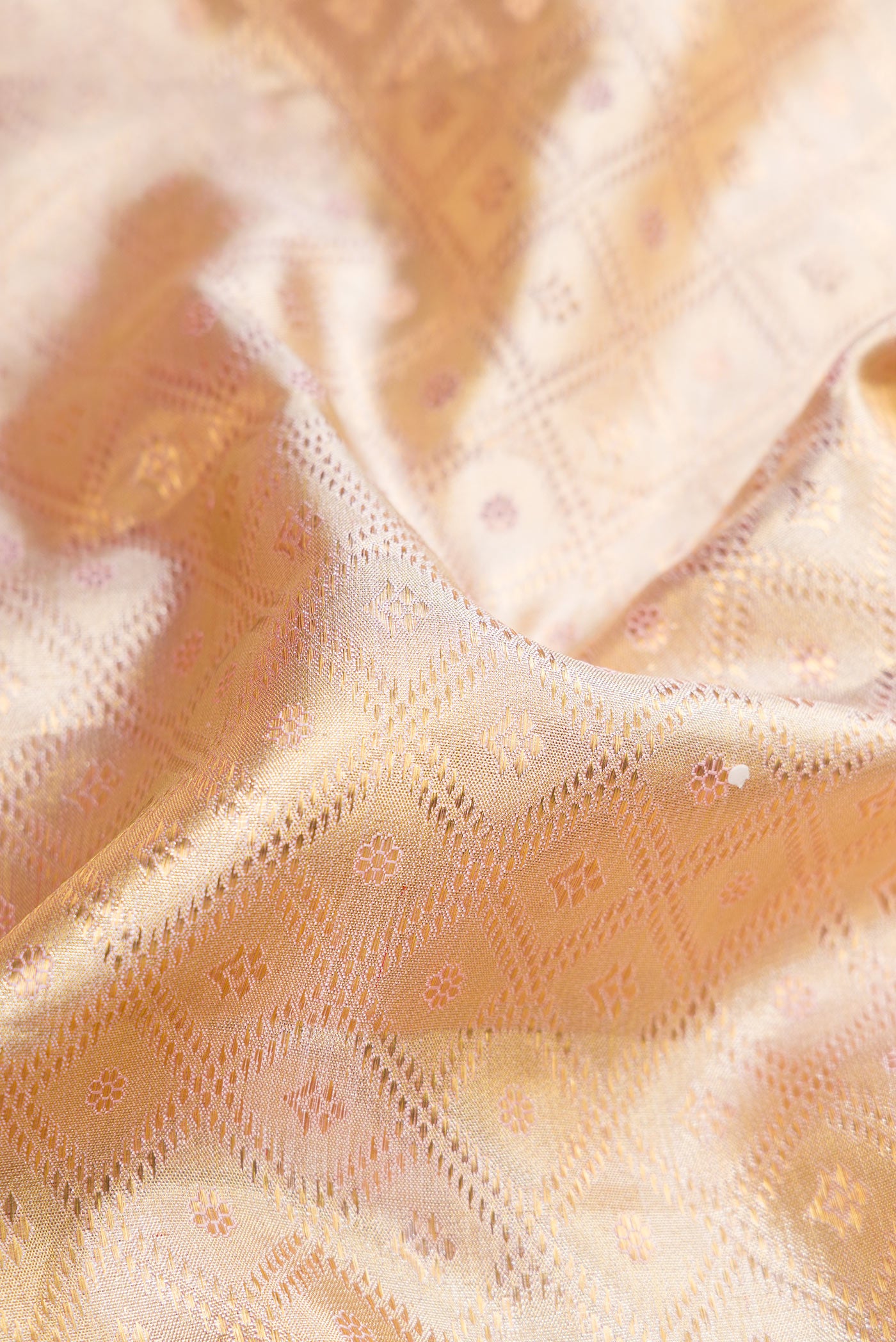Close up of Gold Dual Tone Kanjivaram Tissue Silk Saree with Zari Brocade on the body and Fancy Border.  displaying folds