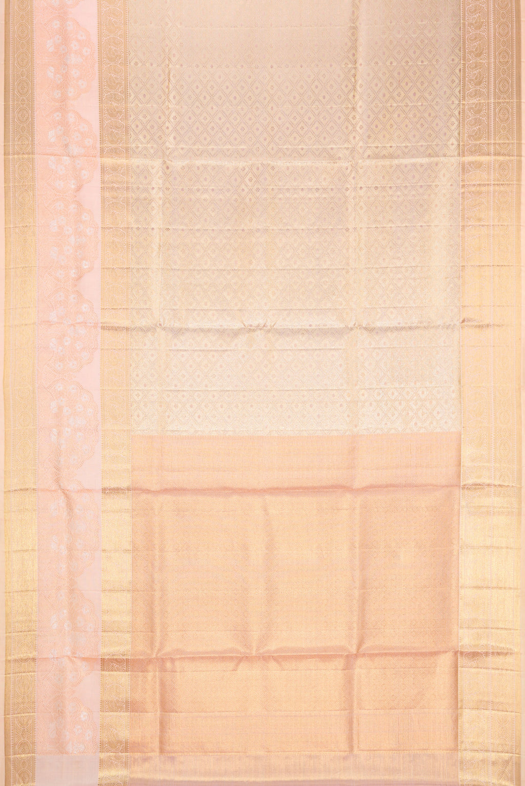 Flat view of Gold Dual Tone Kanjivaram Tissue Silk Saree with Zari Brocade on the body and Fancy Border. 