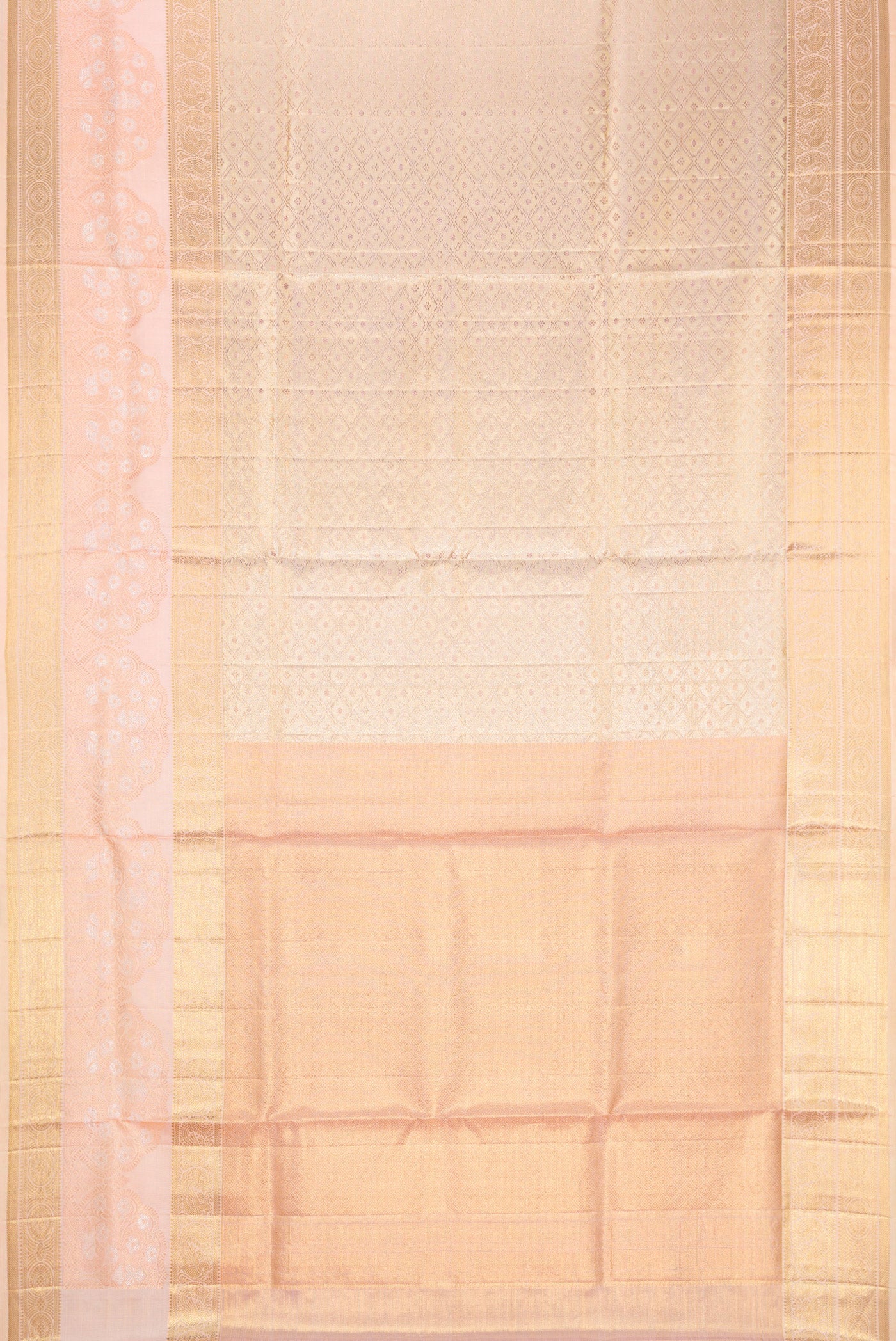 Flat view of Gold Dual Tone Kanjivaram Tissue Silk Saree with Zari Brocade on the body and Fancy Border. 