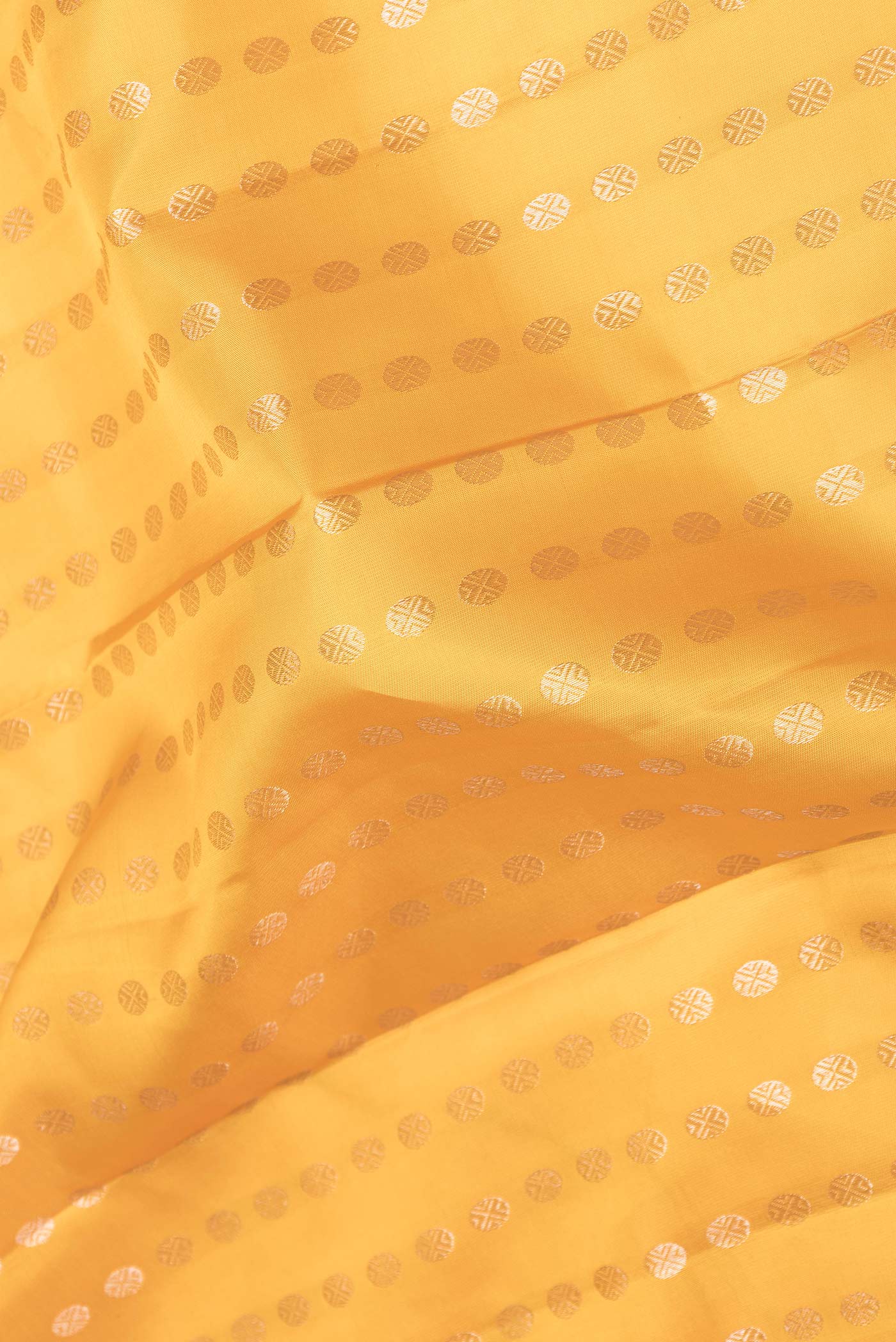 Close up of Yellow Dual Tone Kanchipuram Saree with Zari Brocade on the body and Zari Border displaying folds