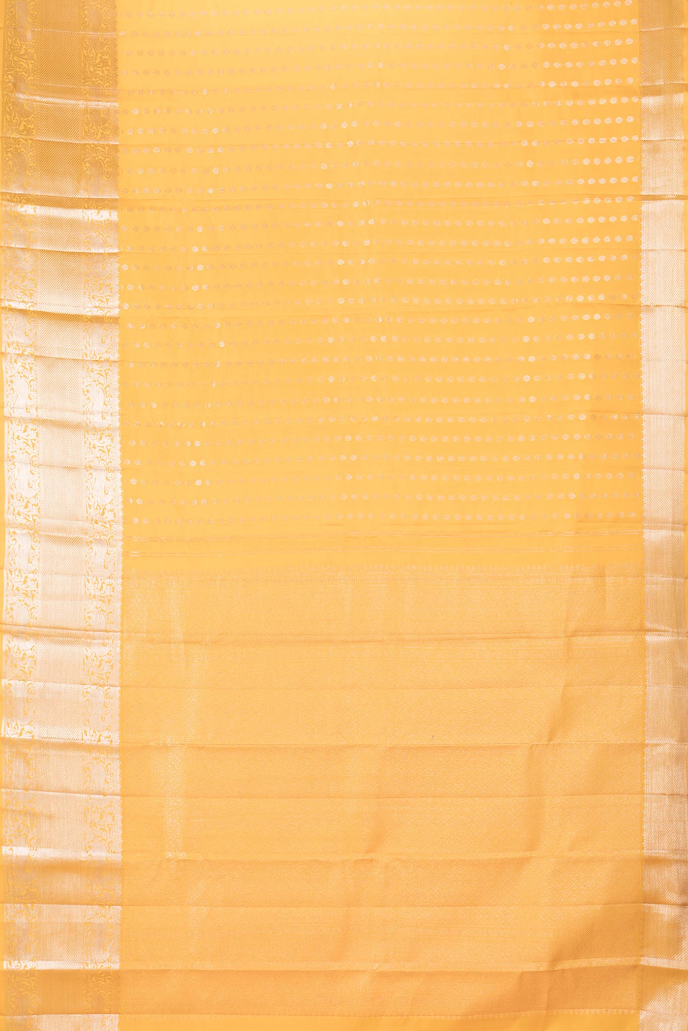 Flat view of Yellow Dual Tone Kanchipuram Saree with Zari Brocade on the body and Zari Border
