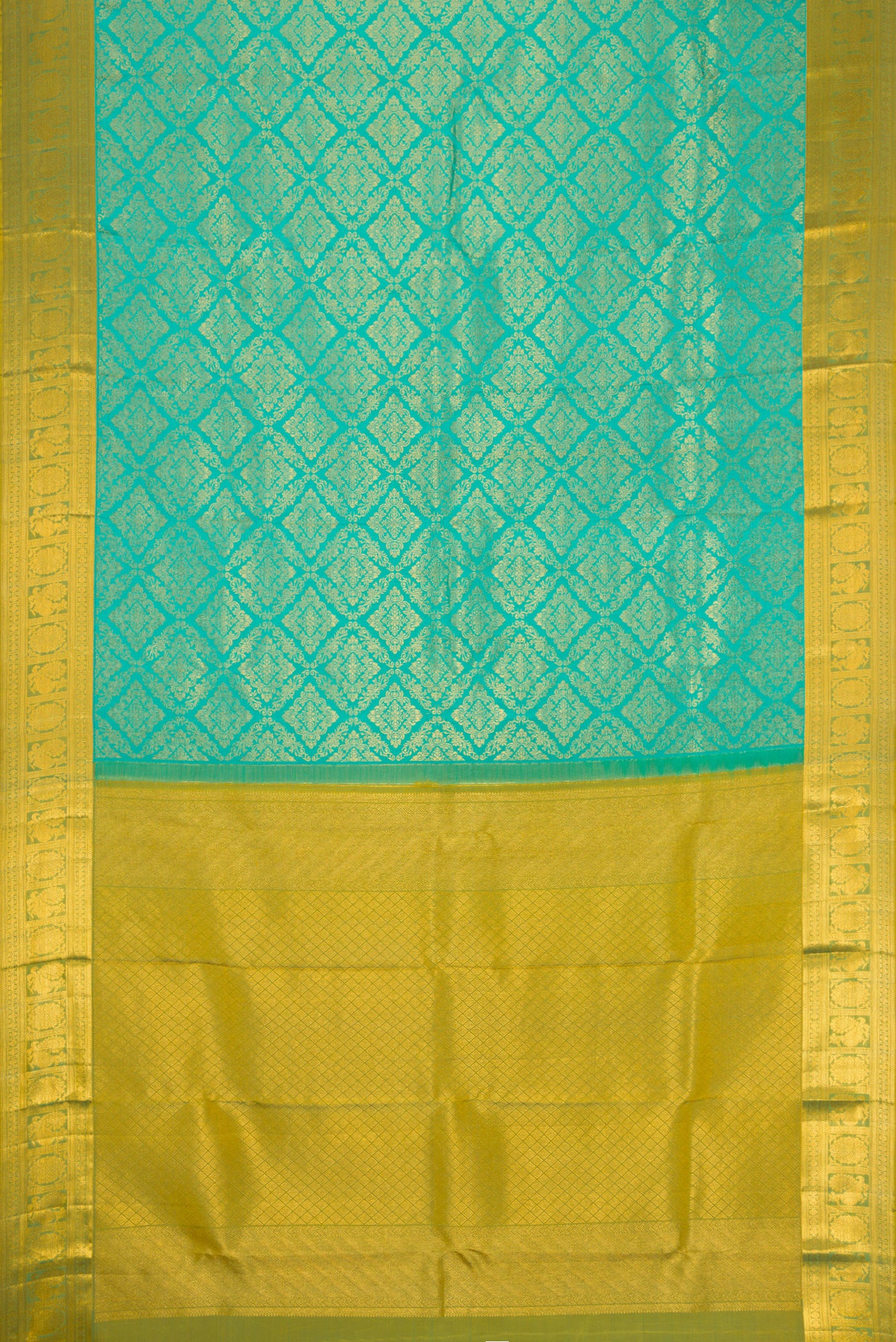 Flat view of Sea Green Dual Tone Kanchipuram Silk Saree with Zari Brocade on the body and Zari Border. 