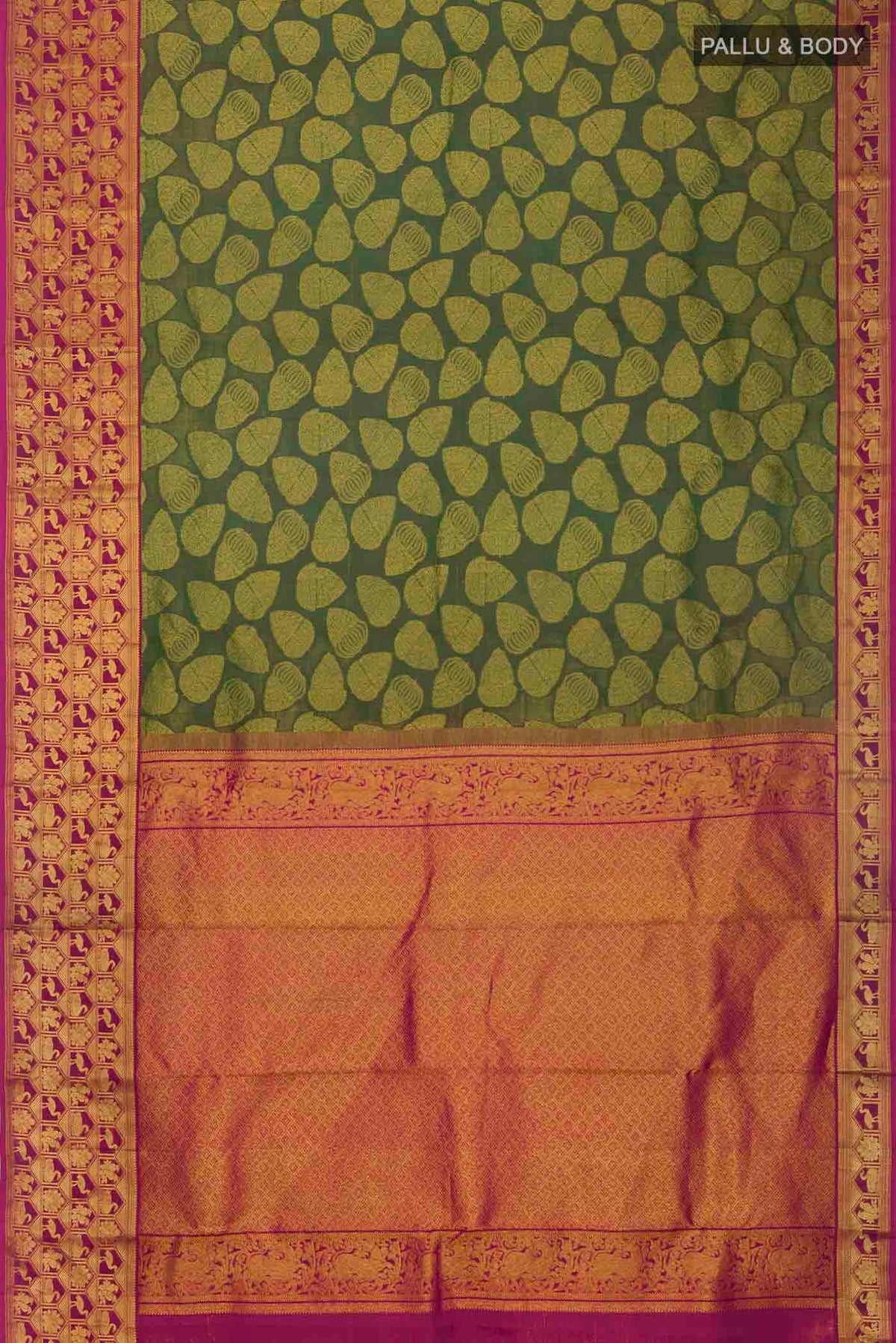 Flat view of Green Kanchipuram Silk Saree with Zari Butta on the body and Zari Border