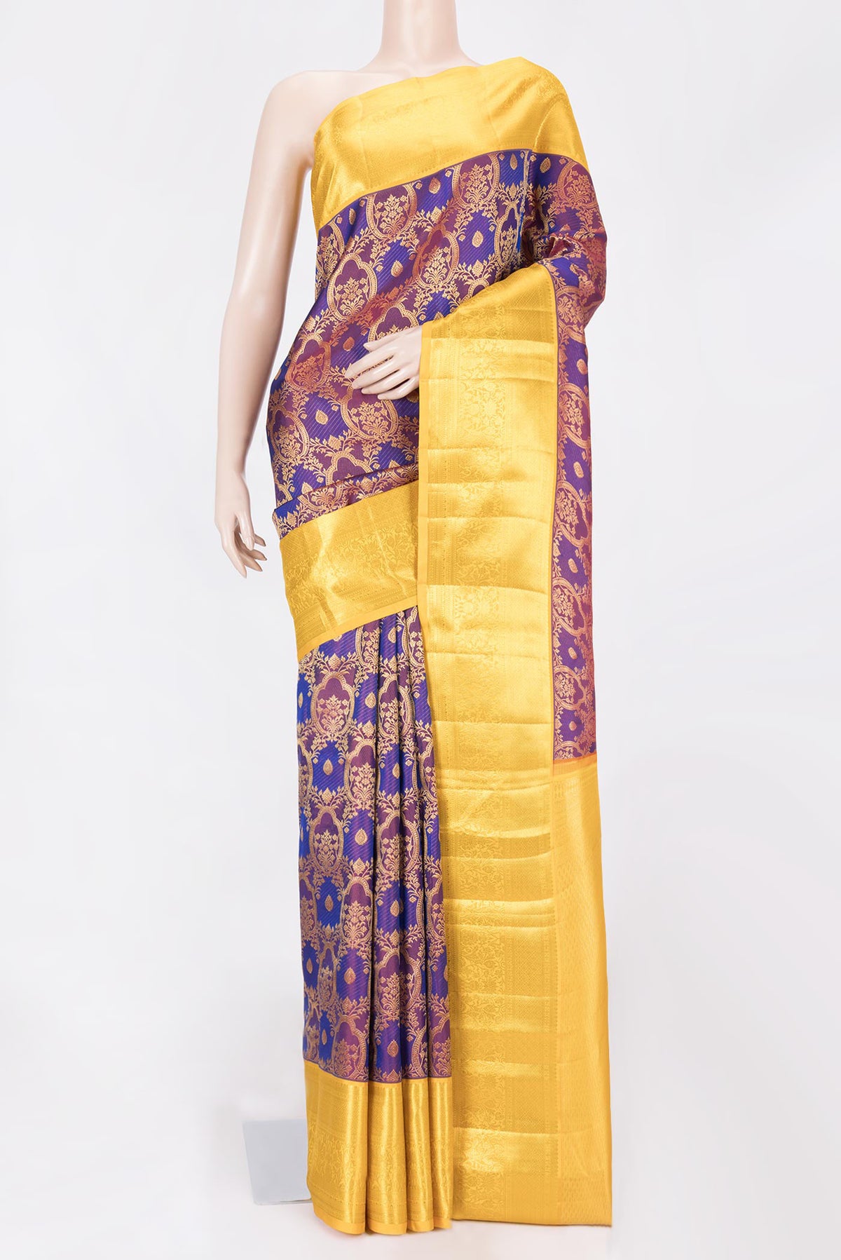 Purple Dual Tone Kanchipuram Saree with Zari Brocade on the body and Zari Border displayed on a mannequin