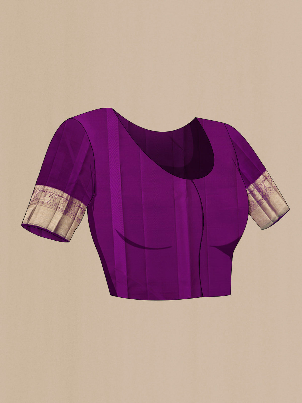 Close up image of the blouse of Orange Kanchipuram Silk Saree with Stripes on the body and Zari Border