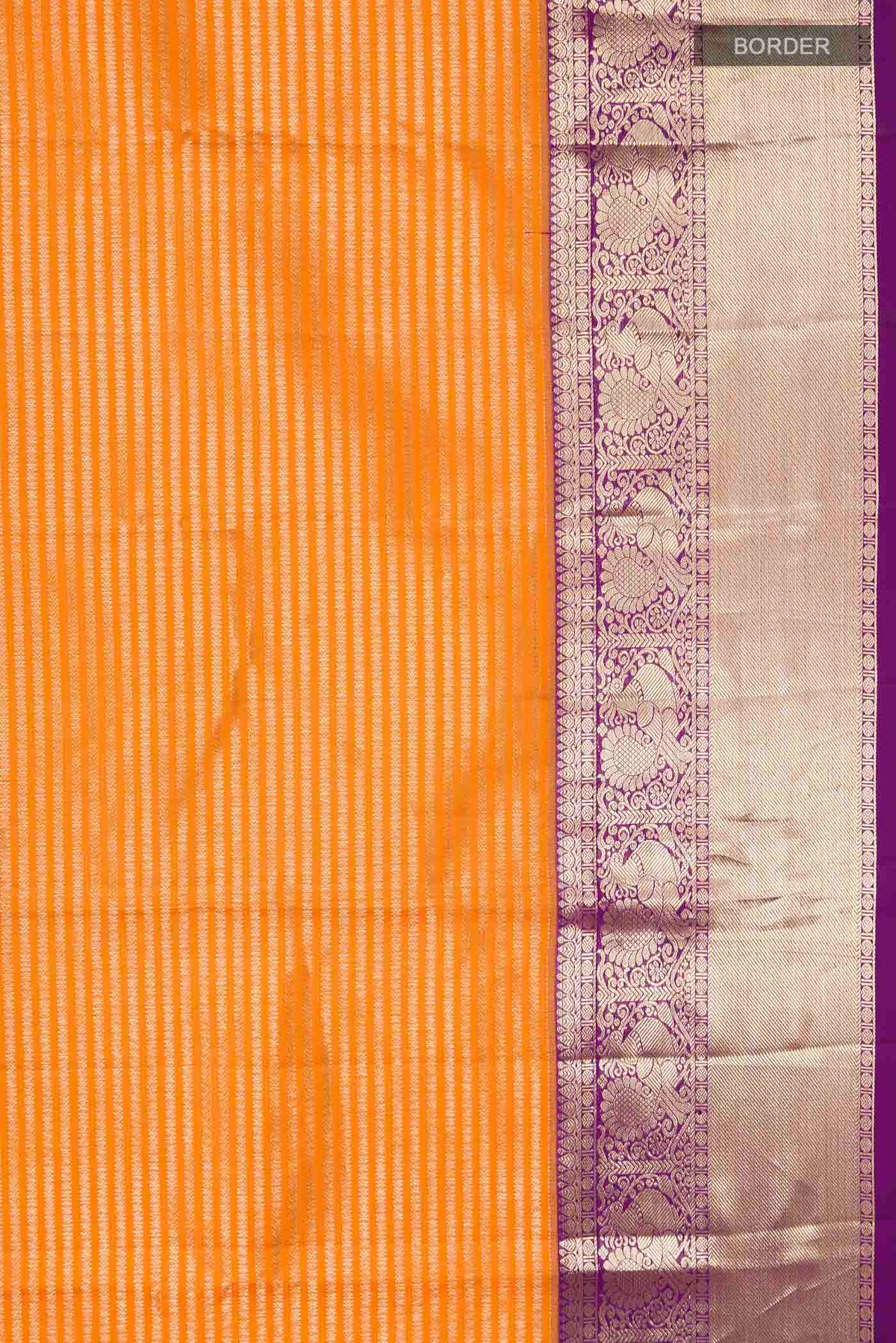 Border image of Orange Kanchipuram Silk Saree with Stripes on the body and Zari Border