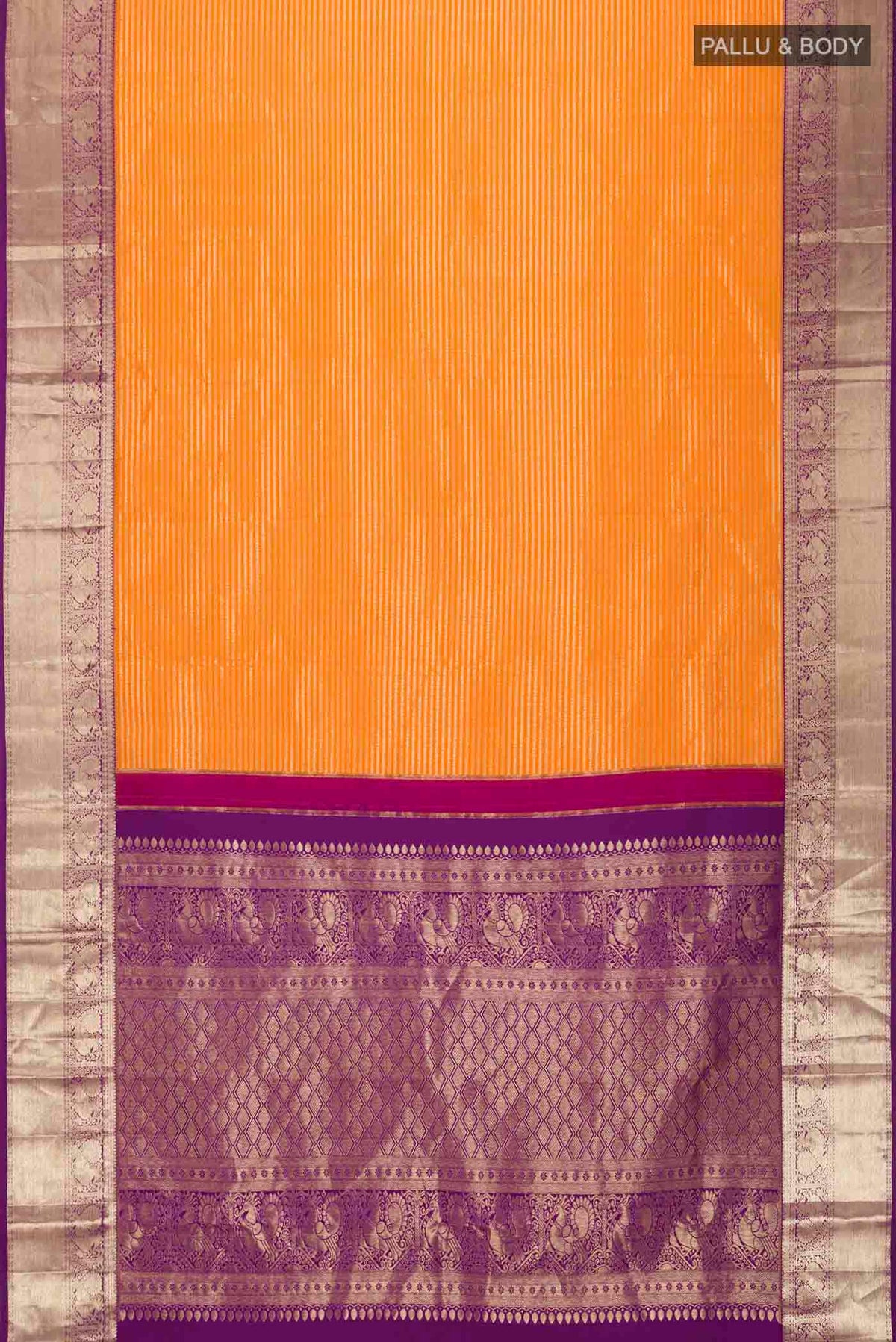 Flat view of Orange Kanchipuram Silk Saree with Stripes on the body and Zari Border