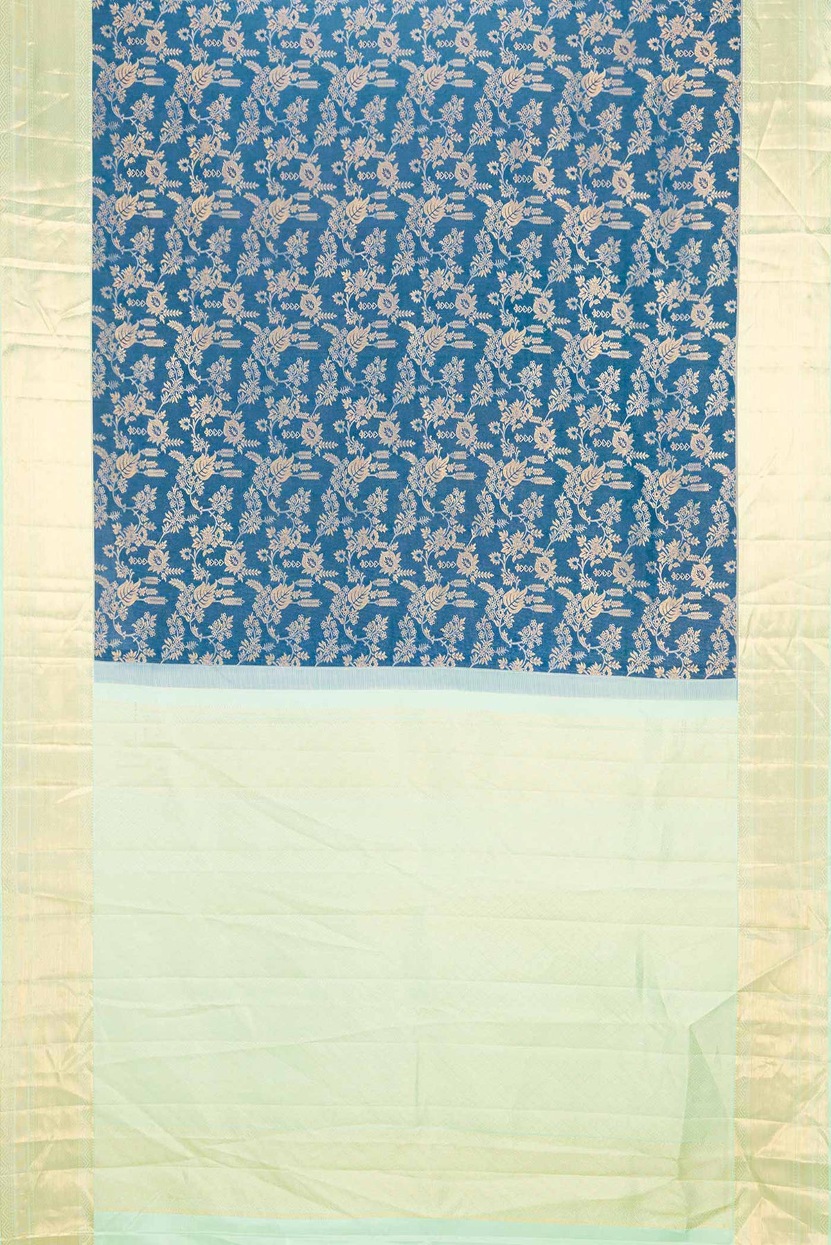 Flat view of Peacock Blue Dual Tone Kanchipuram Saree with Zari Brocade on the body and Zari Border