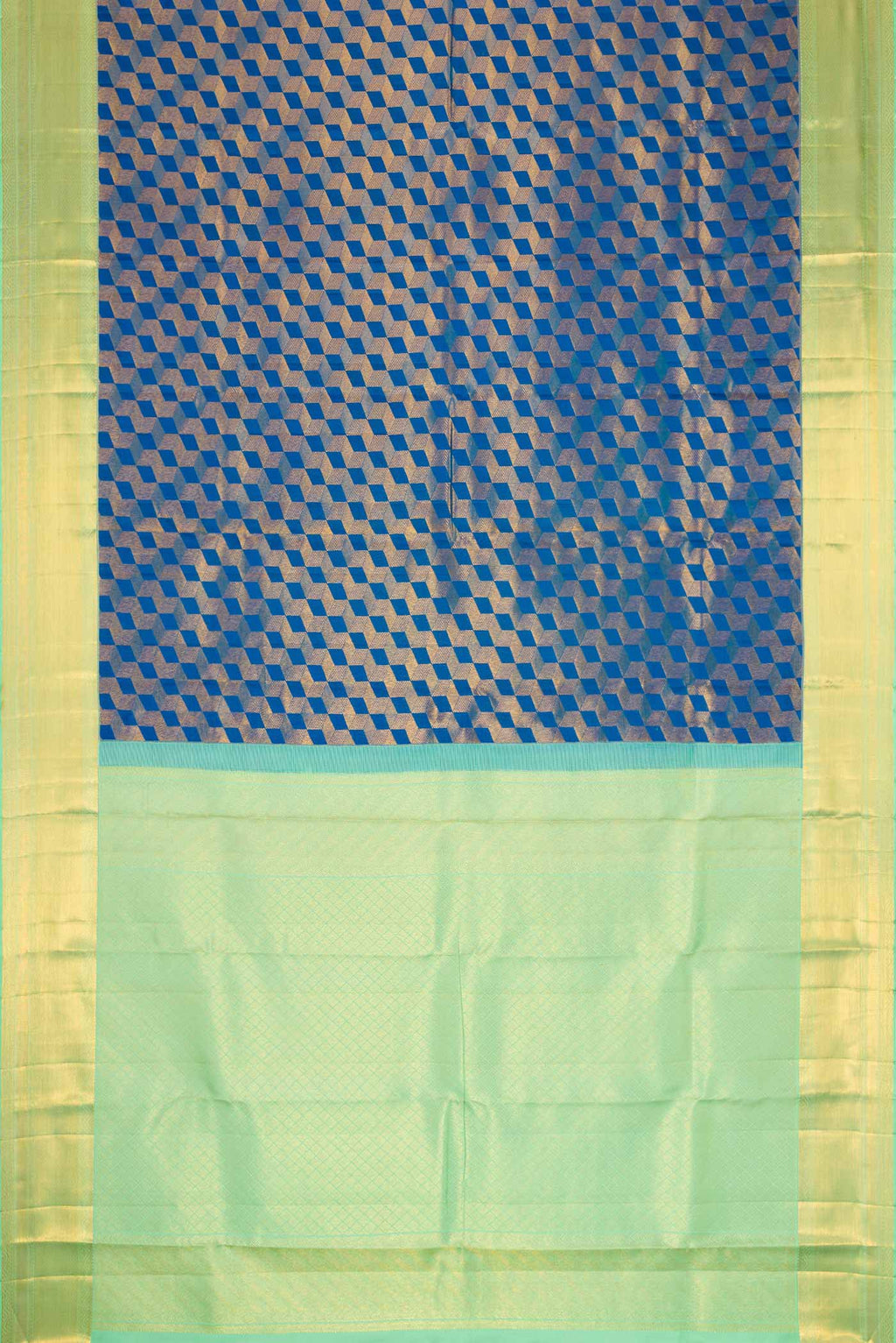 Flat view of Peacock Blue Dual Tone Kanchipuram Silk Saree with Zari Brocade on the body and Zari Border. 