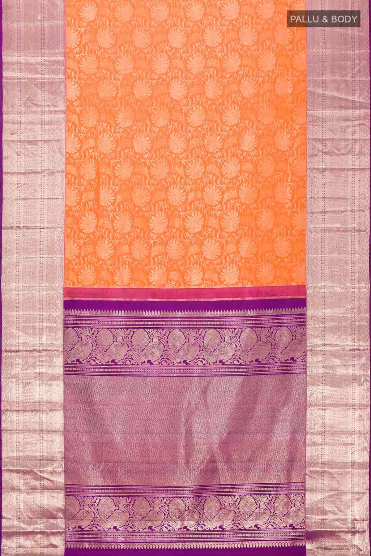 Flat view of Orange Kanchipuram Silk Saree with Zari Brocade on the body and Zari Border