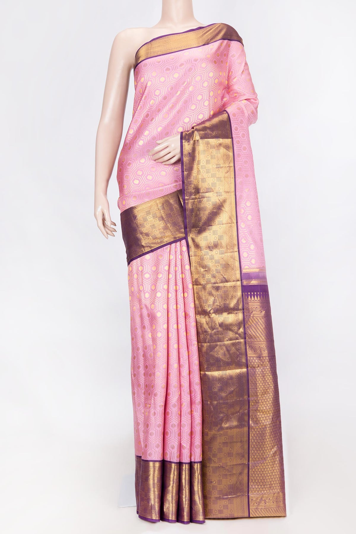 Pink Dual Tone Kanchipuram Saree with Zari Brocade on the body and Zari Border displayed on a mannequin