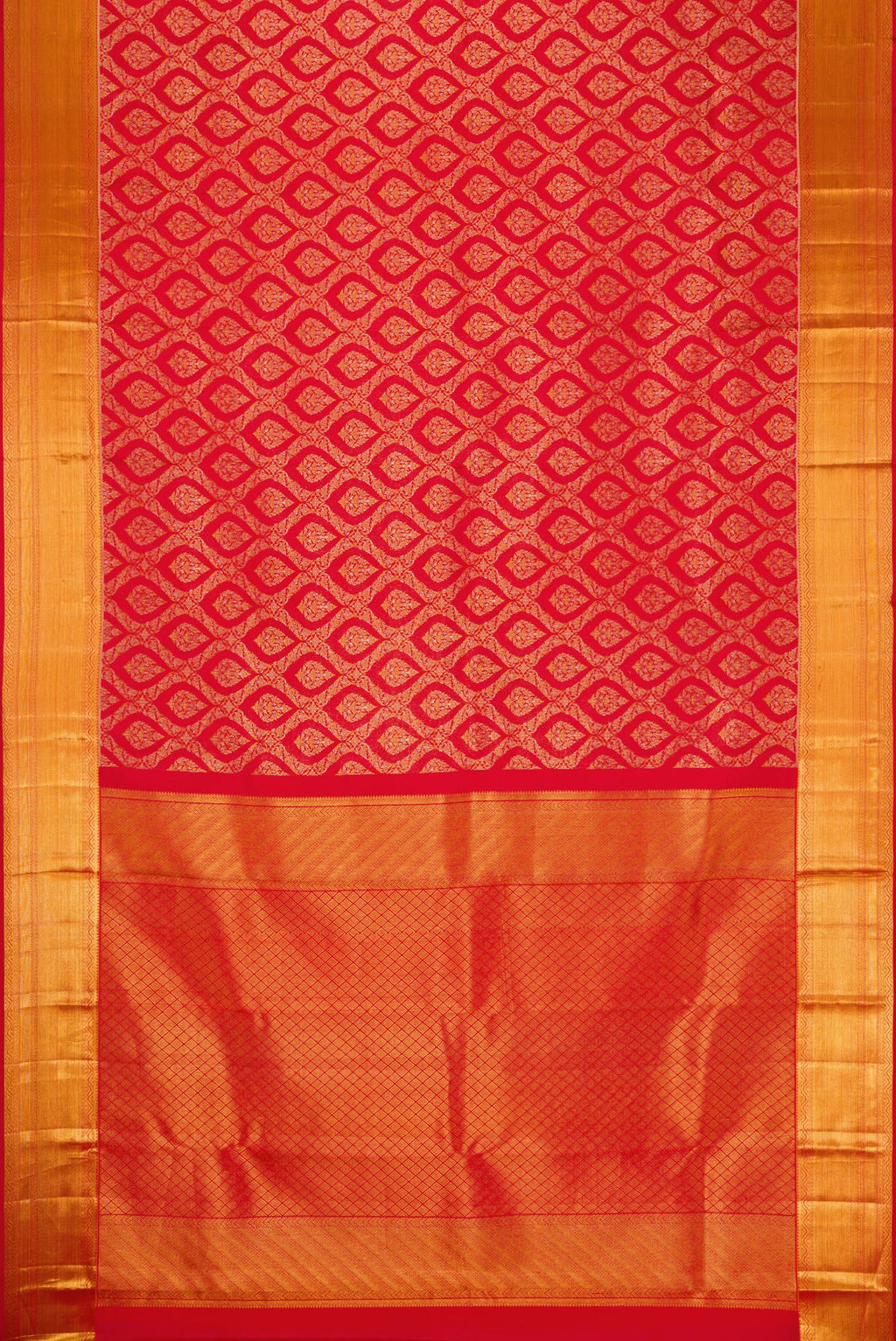 Flat view of Red Dual Tone Kanchipuram Silk Saree with Zari Brocade on the body and Zari Border. 