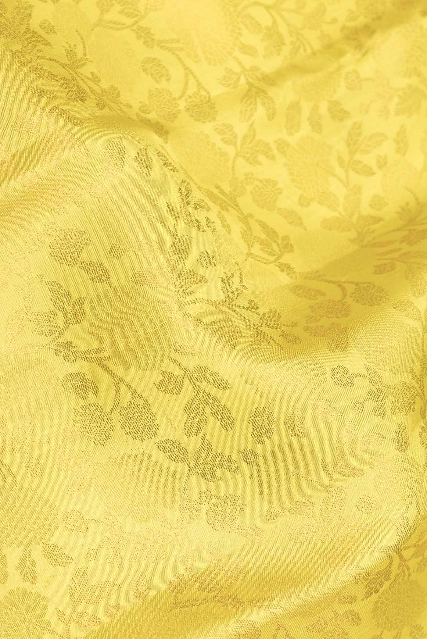Close up of Lemon Yellow Dual Tone Kanchipuram Saree with Zari Brocade on the body and Zari Border displaying folds
