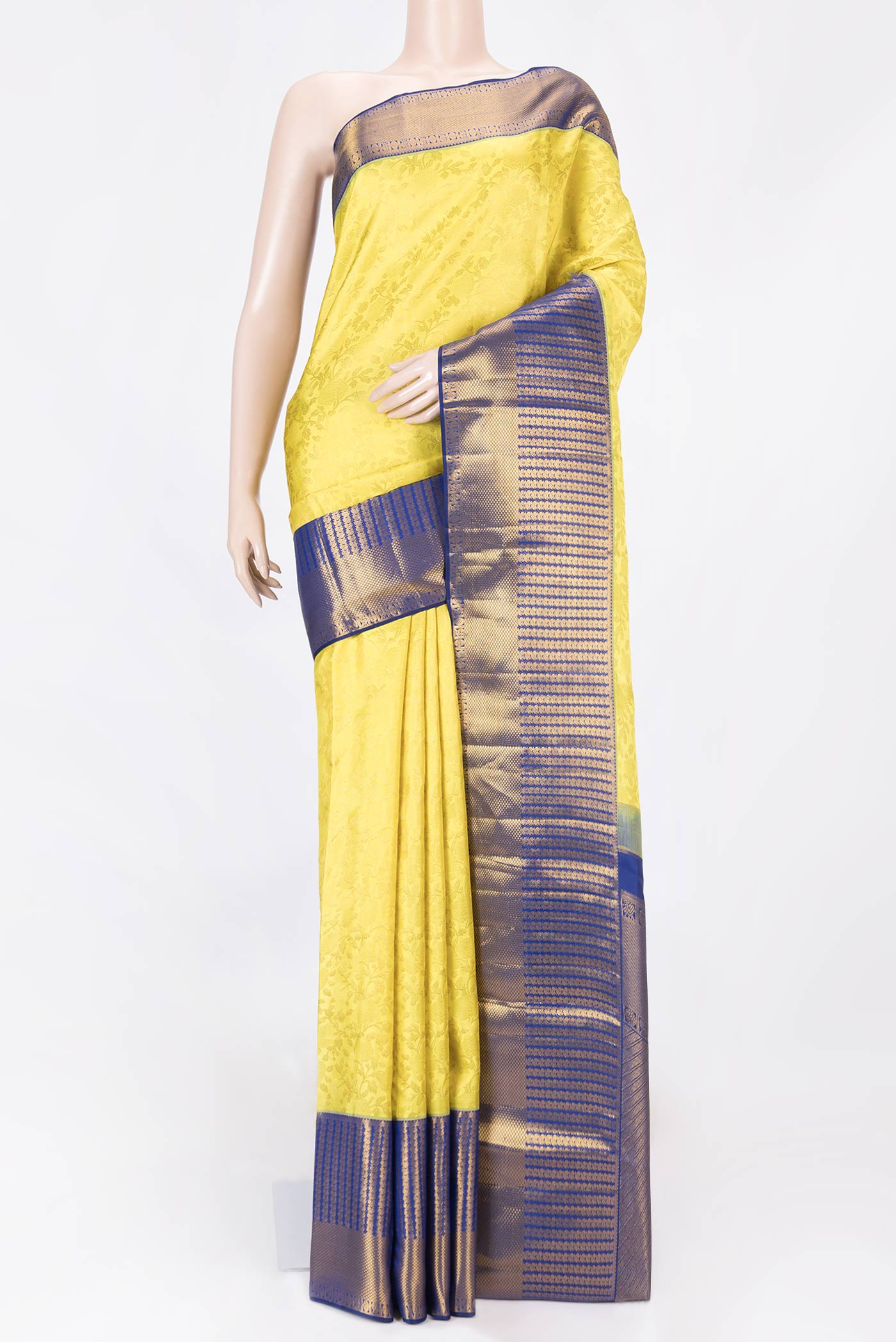 Lemon Yellow Dual Tone Kanchipuram Saree with Zari Brocade on the body and Zari Border displayed on a mannequin