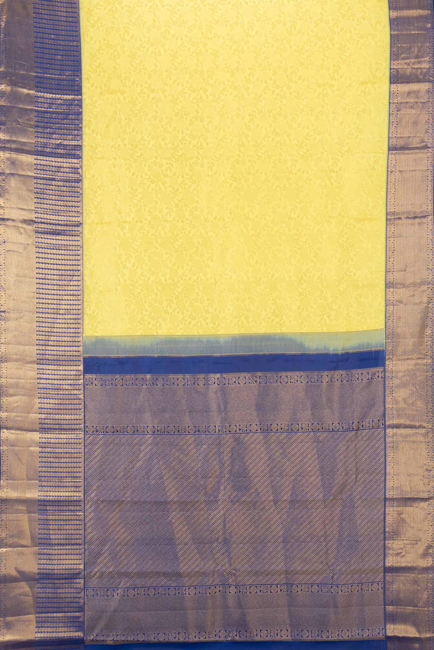 Flat view of Lemon Yellow Dual Tone Kanchipuram Saree with Zari Brocade on the body and Zari Border