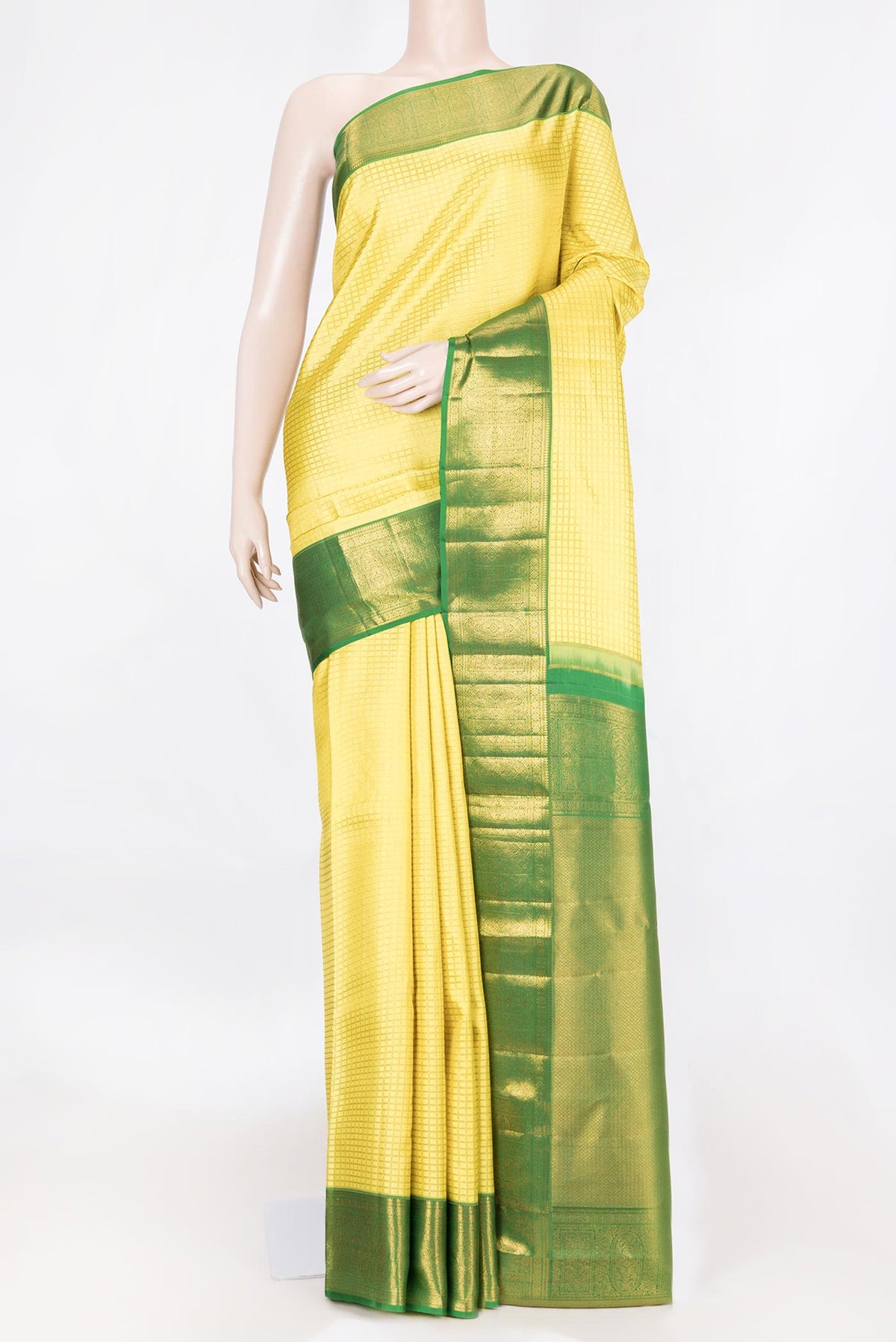 Yellow Dual Tone Kanchipuram Saree with Zari Brocade on the body and Zari Border displayed on a mannequin