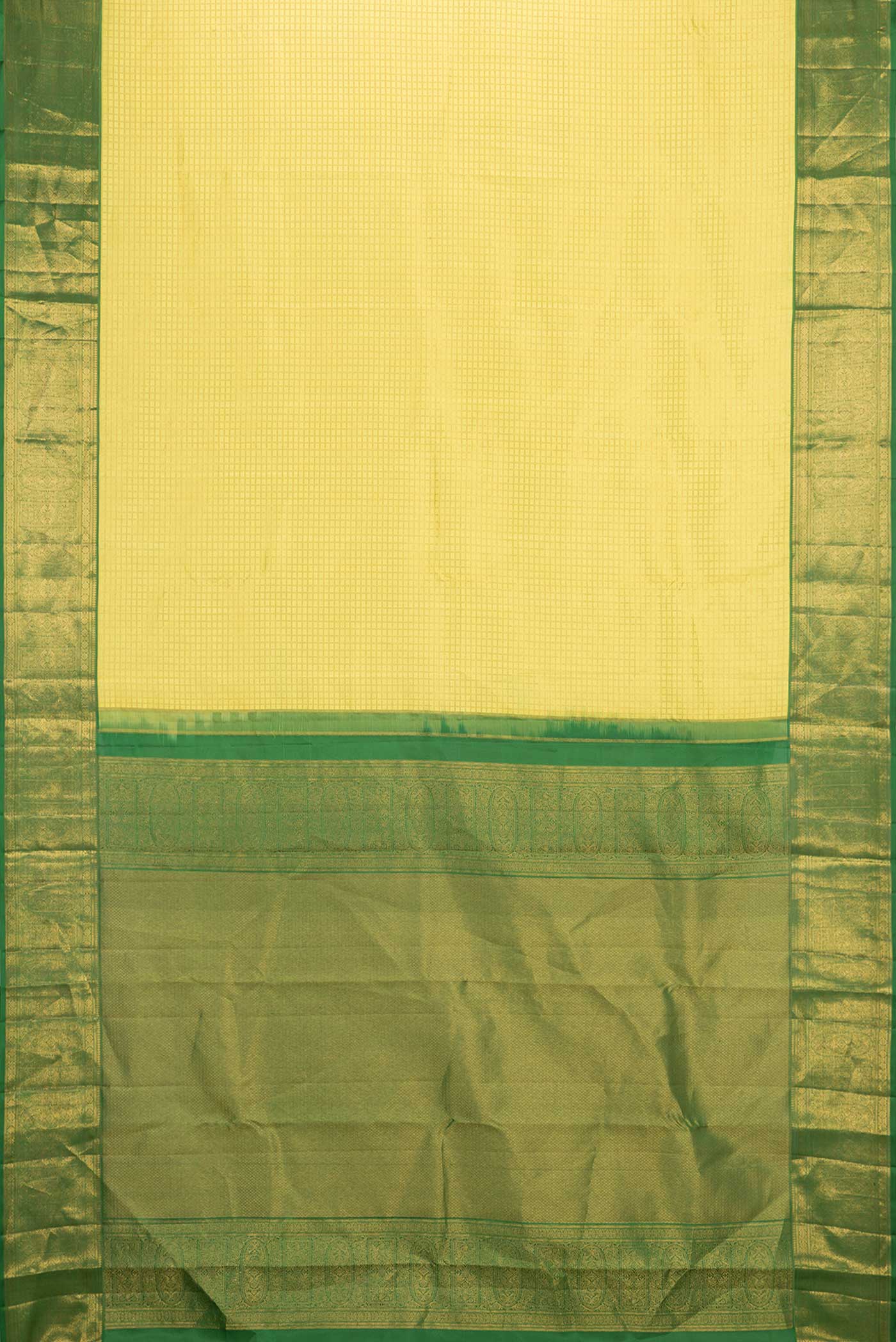 Flat view of Yellow Dual Tone Kanchipuram Saree with Zari Brocade on the body and Zari Border