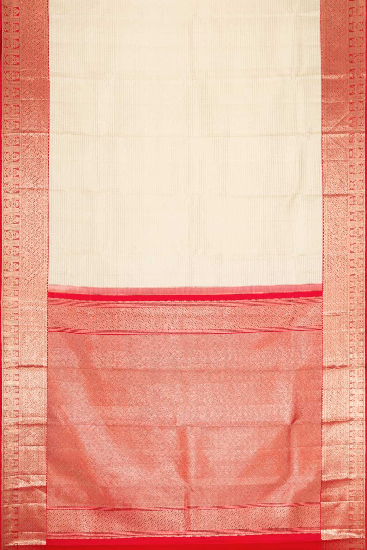 Flat view of Off White Dual Tone Kanchipuram Silk Saree with Zari Brocade on the body and Zari Border