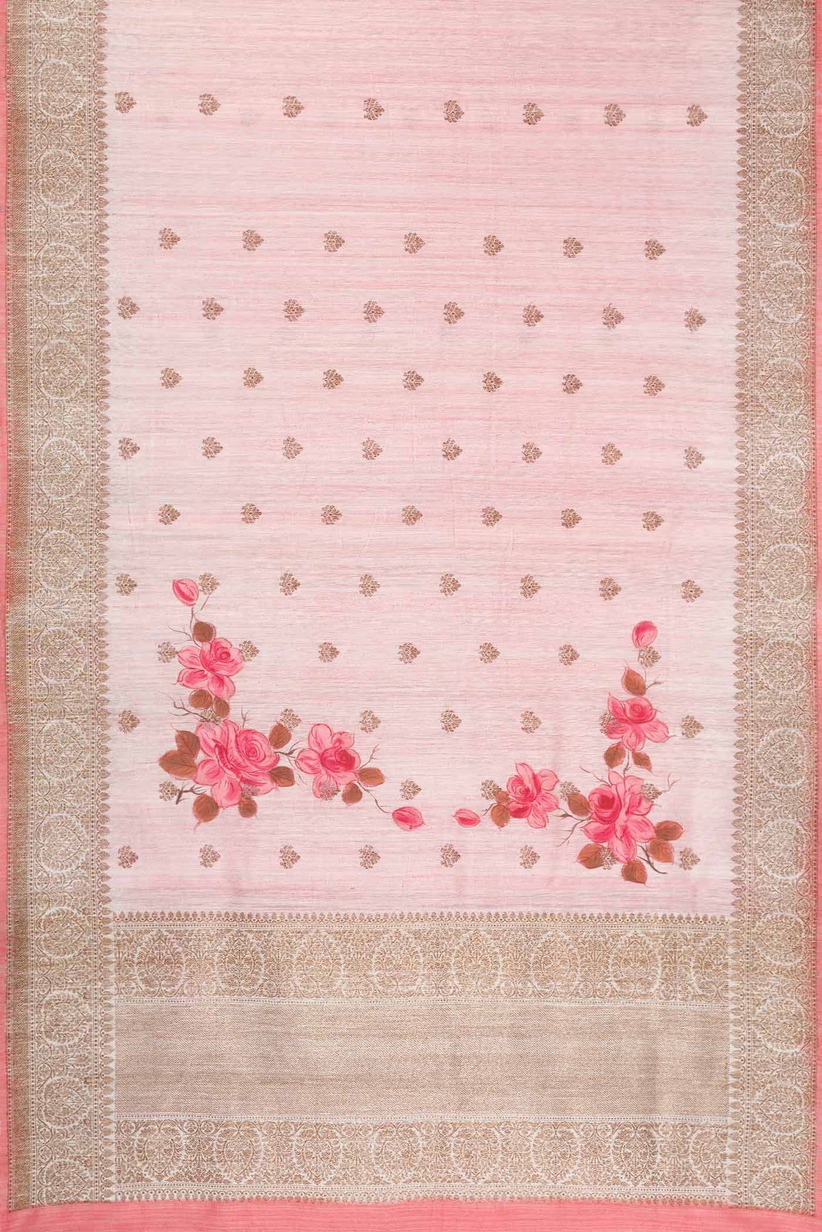 Flat view of Pink Dual Tone Raw Silk Saree with Zari Butta on the body and Zari Border
