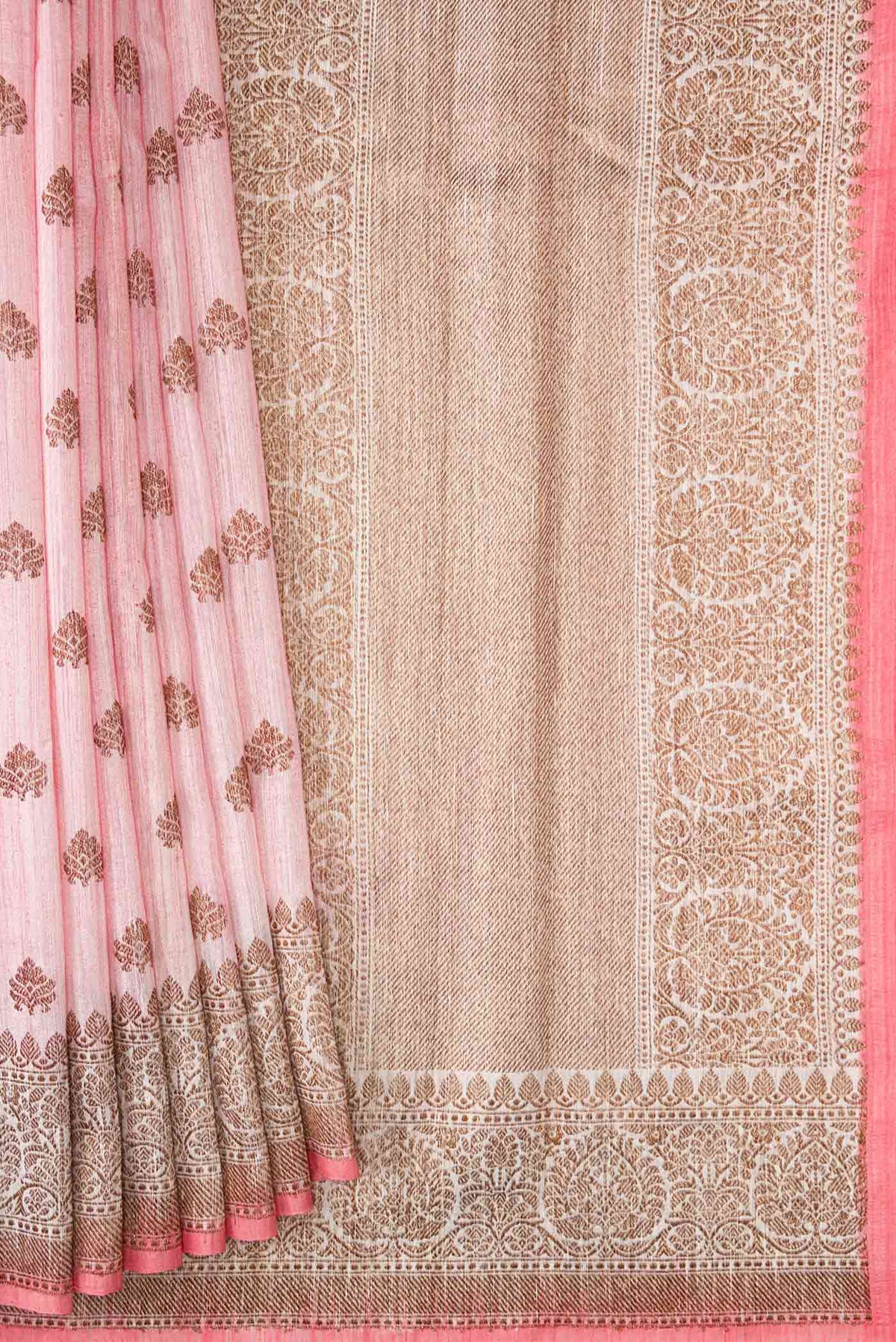 Pleats and pallu of Pink Dual Tone Raw Silk Saree with Zari Butta on the body and Zari Border