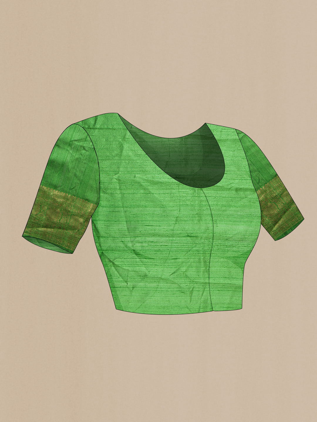 Close up image of the blouse of Light Green Dual Tone Raw Silk Saree with Zari Butta on the body and Zari Border