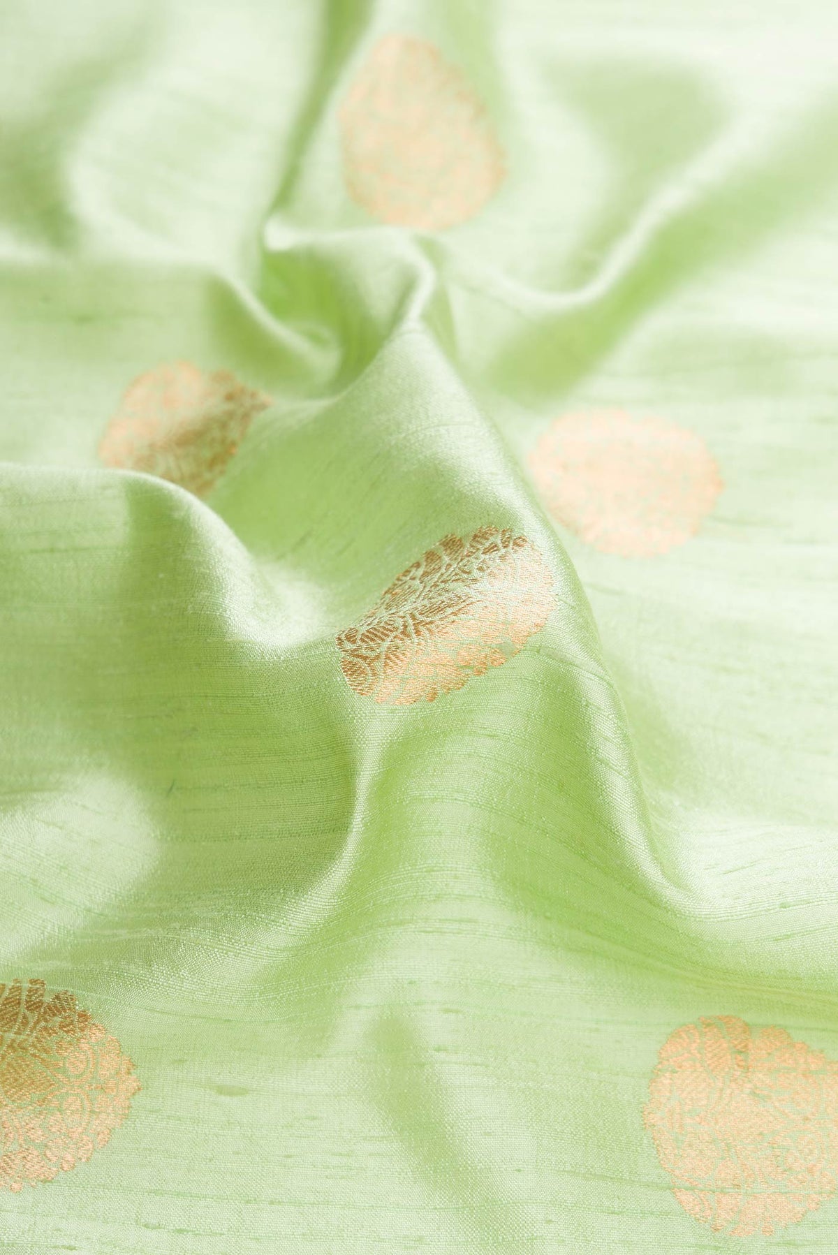 Close up of Light Green Dual Tone Raw Silk Saree with Zari Butta on the body and Zari Border displaying folds