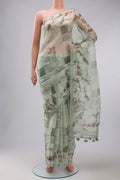 Green Organza Silk Saree with Printed design on the body and Plain Border displayed on a mannequin